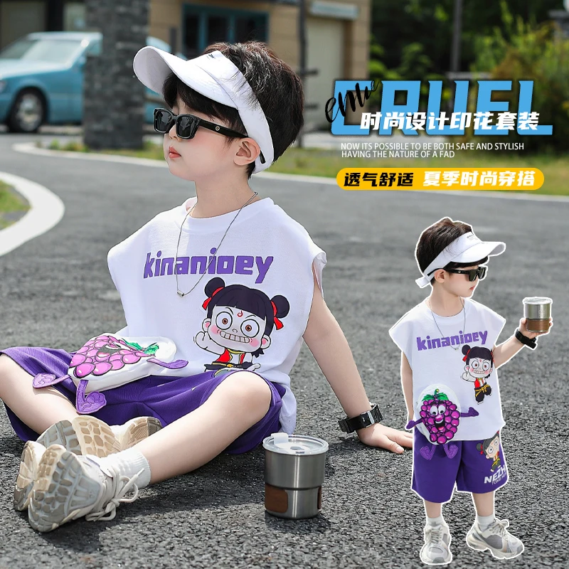 男童夏季薄款潮酷哪吒短袖套装儿童中小童宝宝夏款洋气时尚两件套