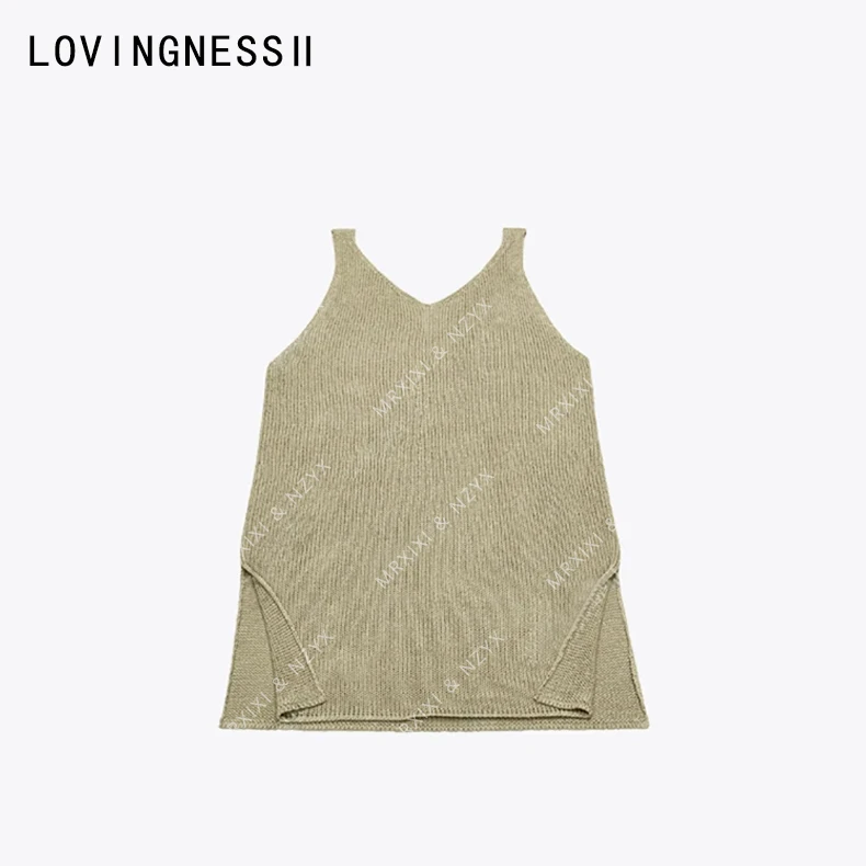 2025夏季新款小众设计复古V领长款宽松显瘦开叉屁帘针织背心女
