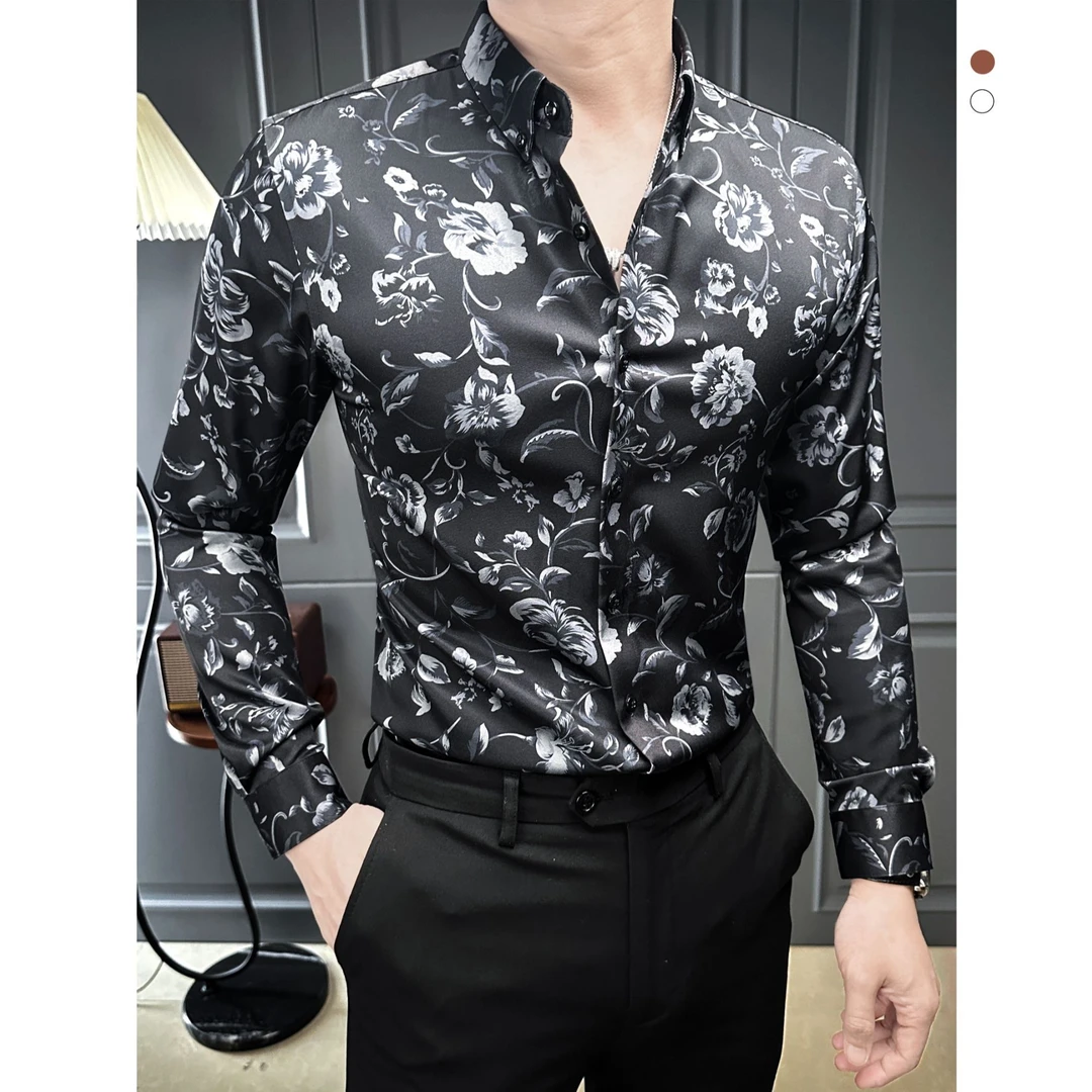 富贵花衬衫男款长袖秋季高级感男装扣领印花男士衬衣2025新款爆款