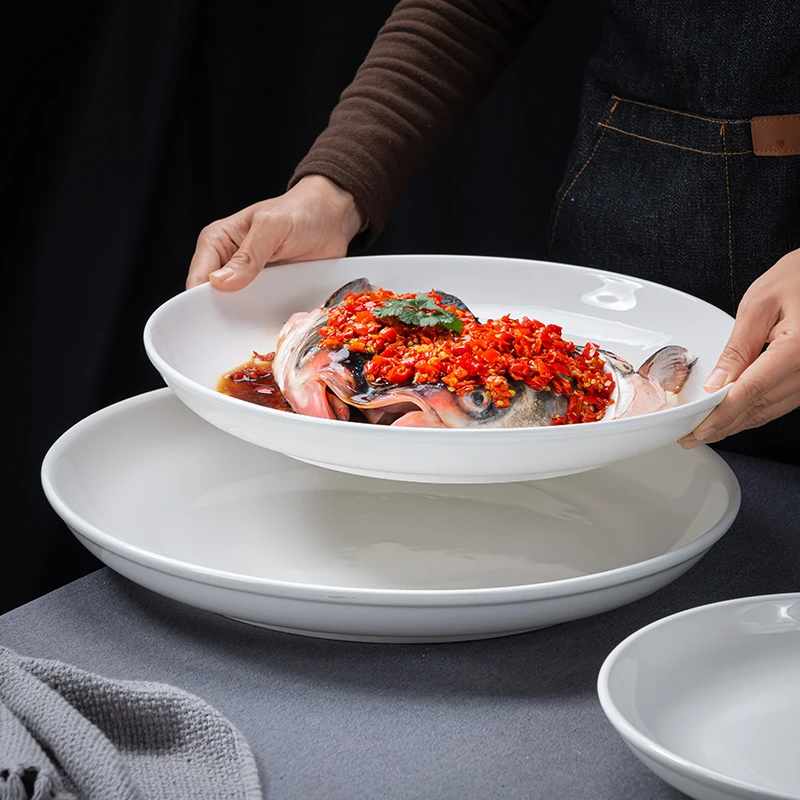 14英寸白色深盘2个装超大号盘子陶瓷剁椒鱼头盘蒸鱼盘家用商用