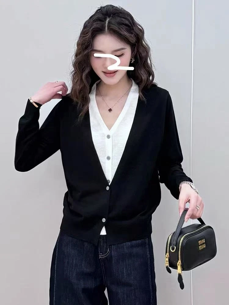 33213慵懒风早秋穿搭灰色假两件针织衫女新款春秋毛衣开衫外套女