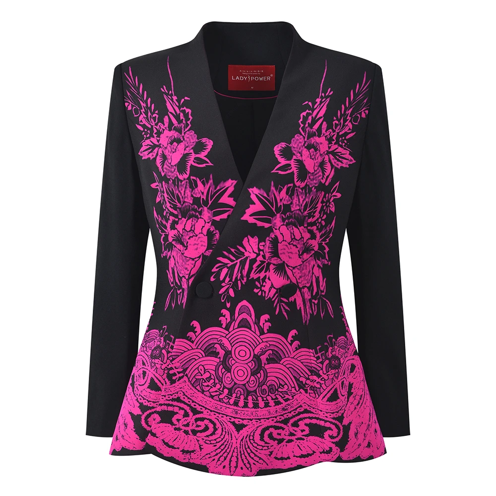 LADYPOWER黑底玫粉虚实效果花卉西装上衣 74580A