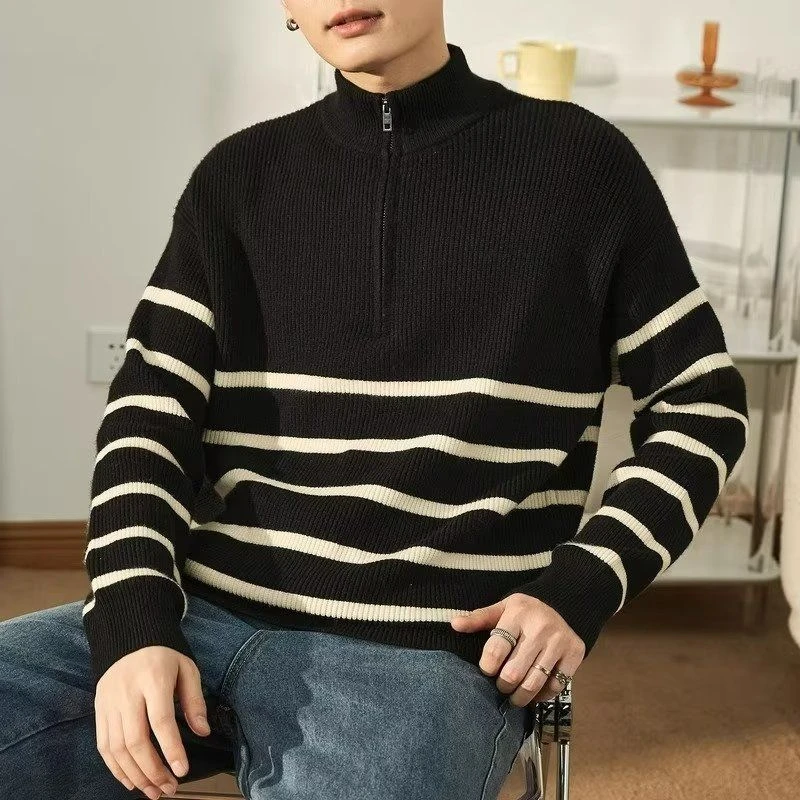 2025秋季新款港风白底大码条慵懒半高领半拉链立领条纹套头毛衣
