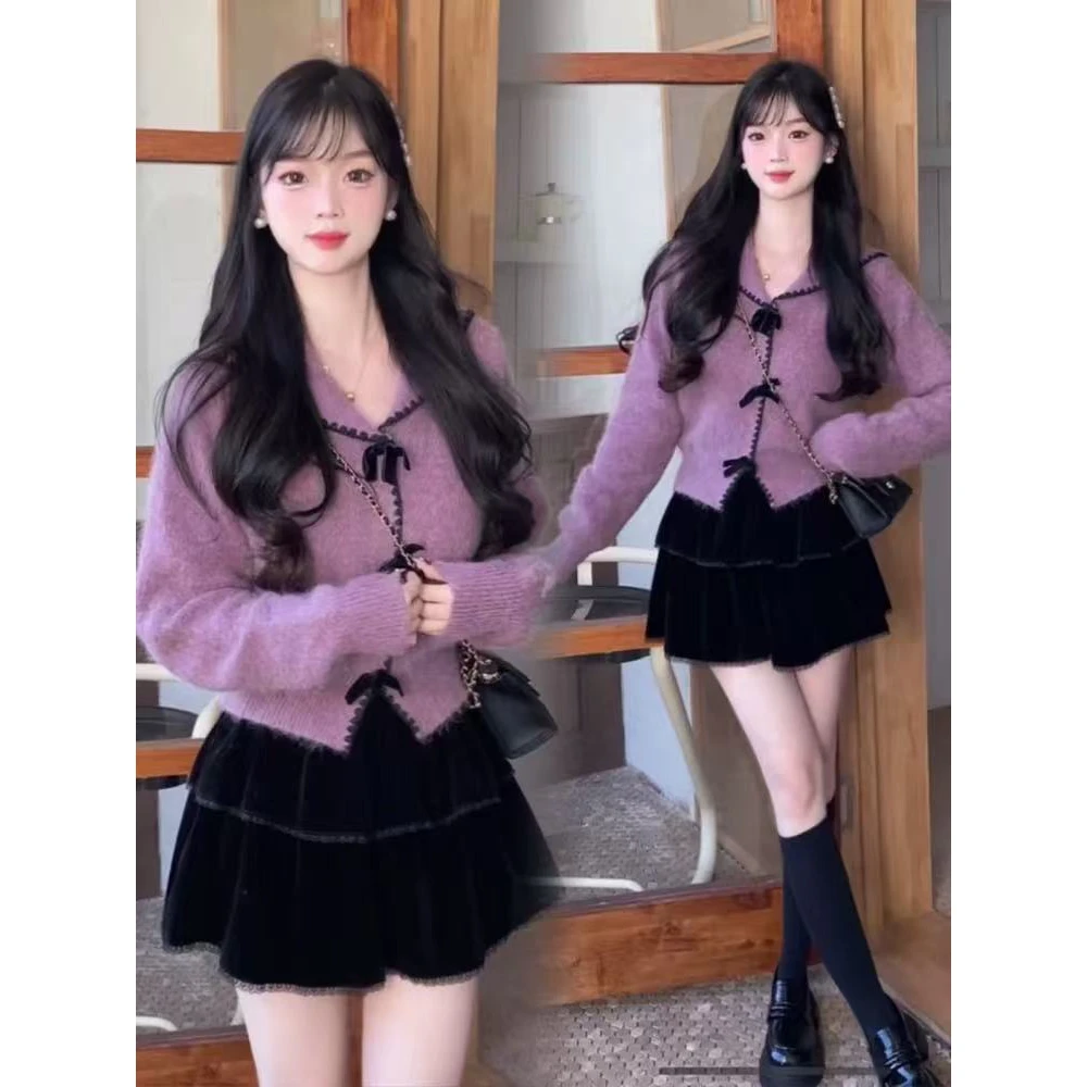 紫色甜美毛衣针织衫上衣秋冬季外穿开衫气质2025新款女打底内搭春