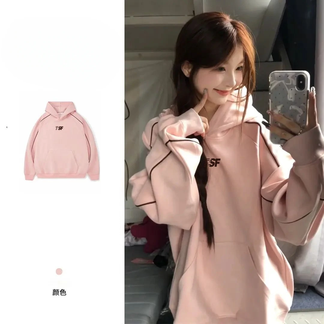 新款秋冬加绒加厚甜妹连帽卫衣女2025粉色学生时尚美式宽松长袖