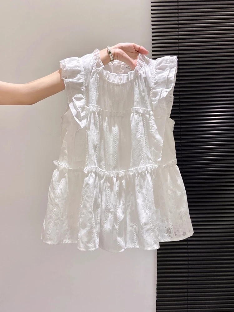 法式白色小飞袖衬衫女夏2025新款设计感甜美木耳边无袖娃娃衫上衣