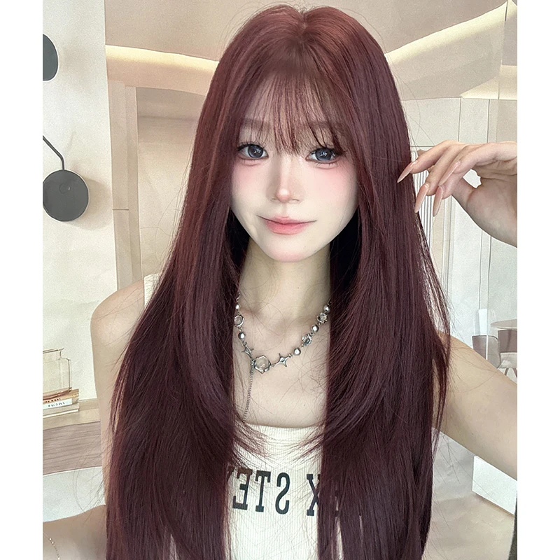 【轻氧邻妹】玫瑰粉棕假发女长发高层次长直发圆脸lolita自然全头套