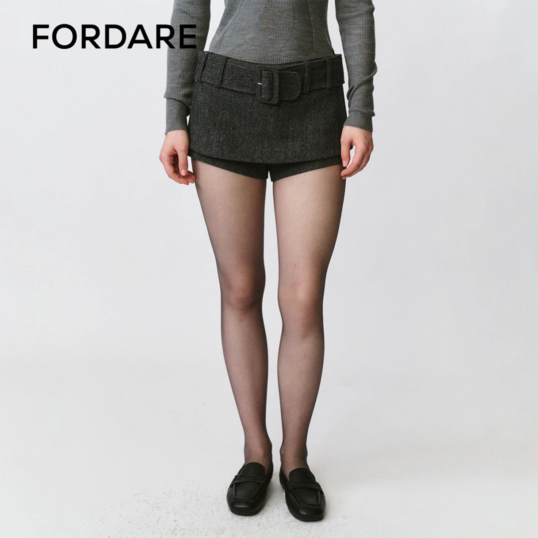 FORDARE/福蝶 25秋冬新品 斜纹毛呢裙裤显瘦时尚短裤黑色修身1568