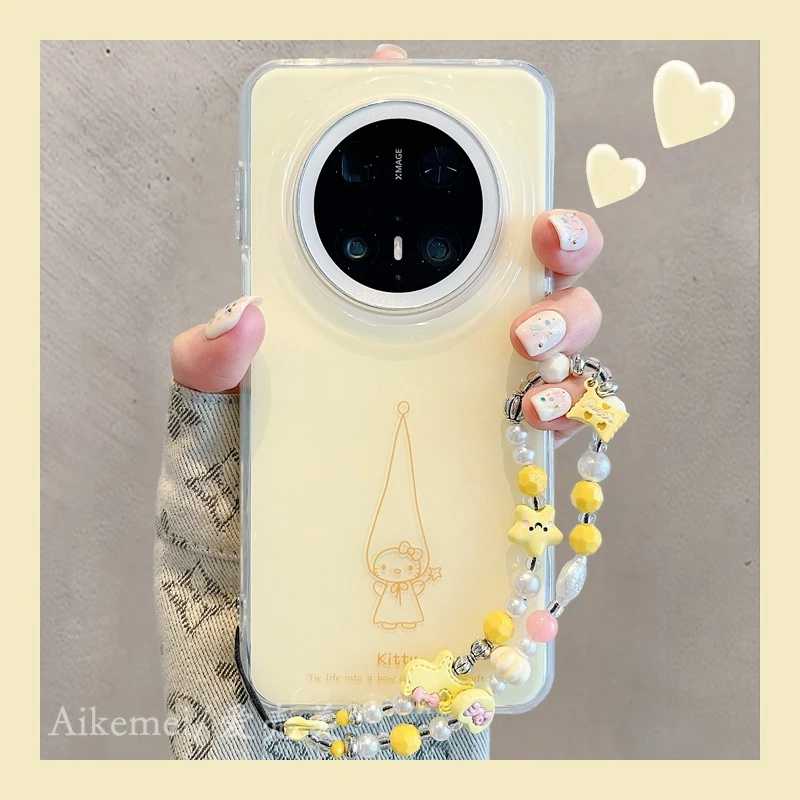 适用华为mate70pro+手机壳奶黄色线条mate60pro长帽Kitty猫链条女
