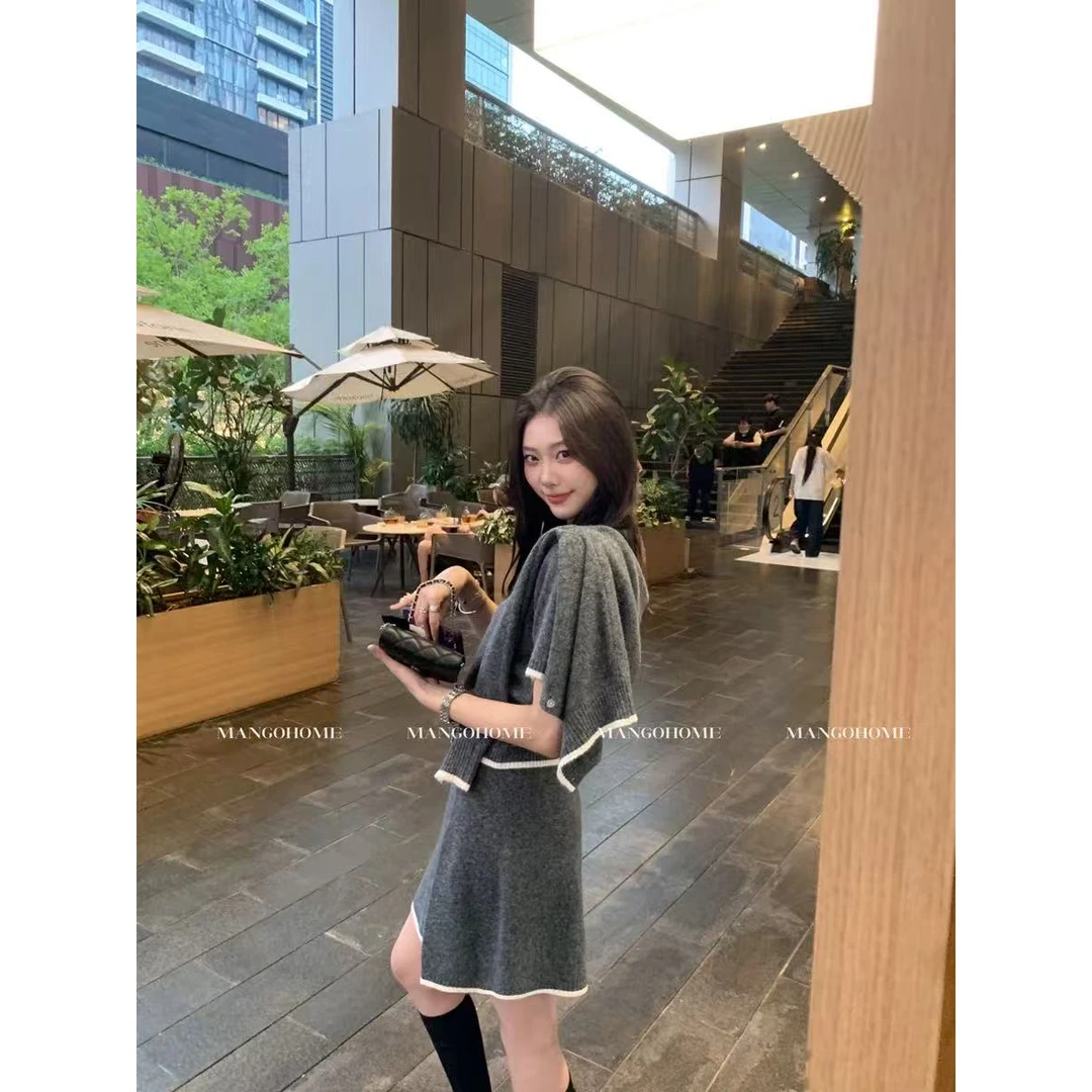 针织高级感秋冬季三件套女法式慵懒风毛衣开衫圆领短袖撞色半身裙