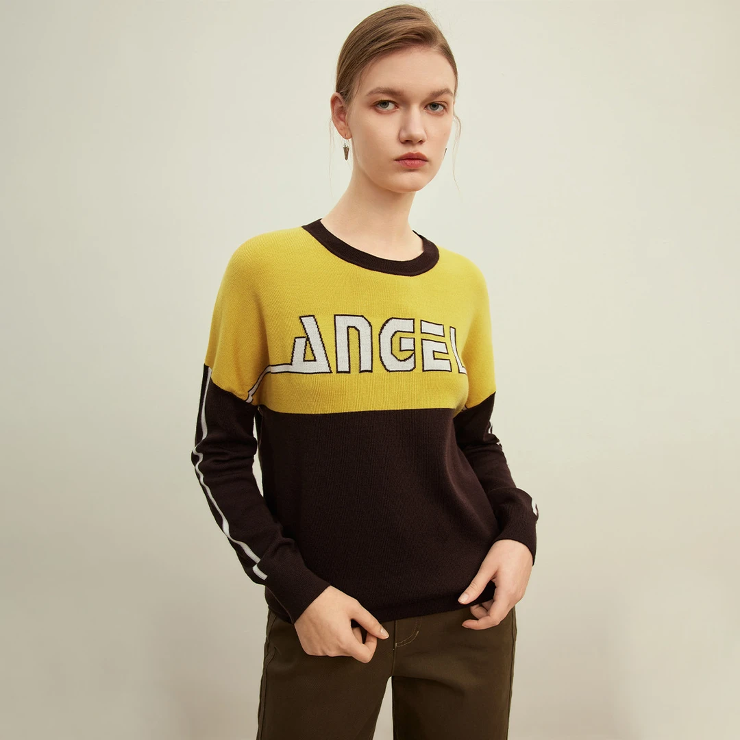 时尚撞色拼接针织衫女秋季字母提花圆领长袖套头衫Y730295-00701