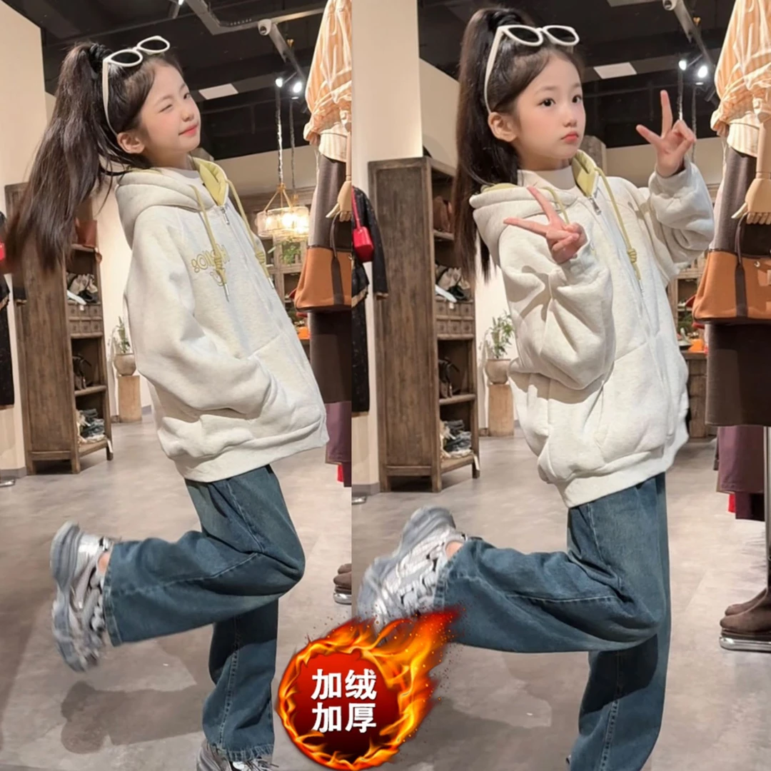 女童秋冬加绒外套2025新款秋冬款加厚一体绒连帽衫拉链开衫卫衣潮