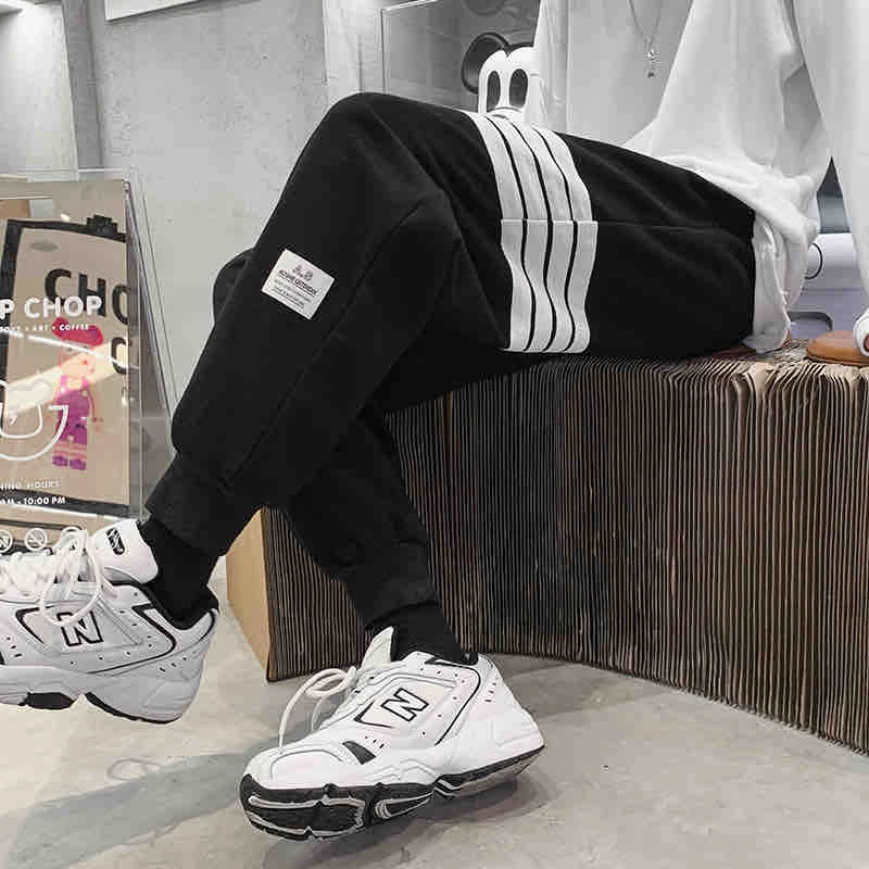 重磅高街卫裤男春季潮牌条纹拼接束脚运动裤子学院风大码休闲长裤