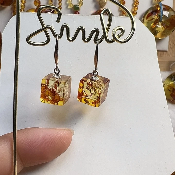 琥珀（花珀）银S925镶嵌耳饰