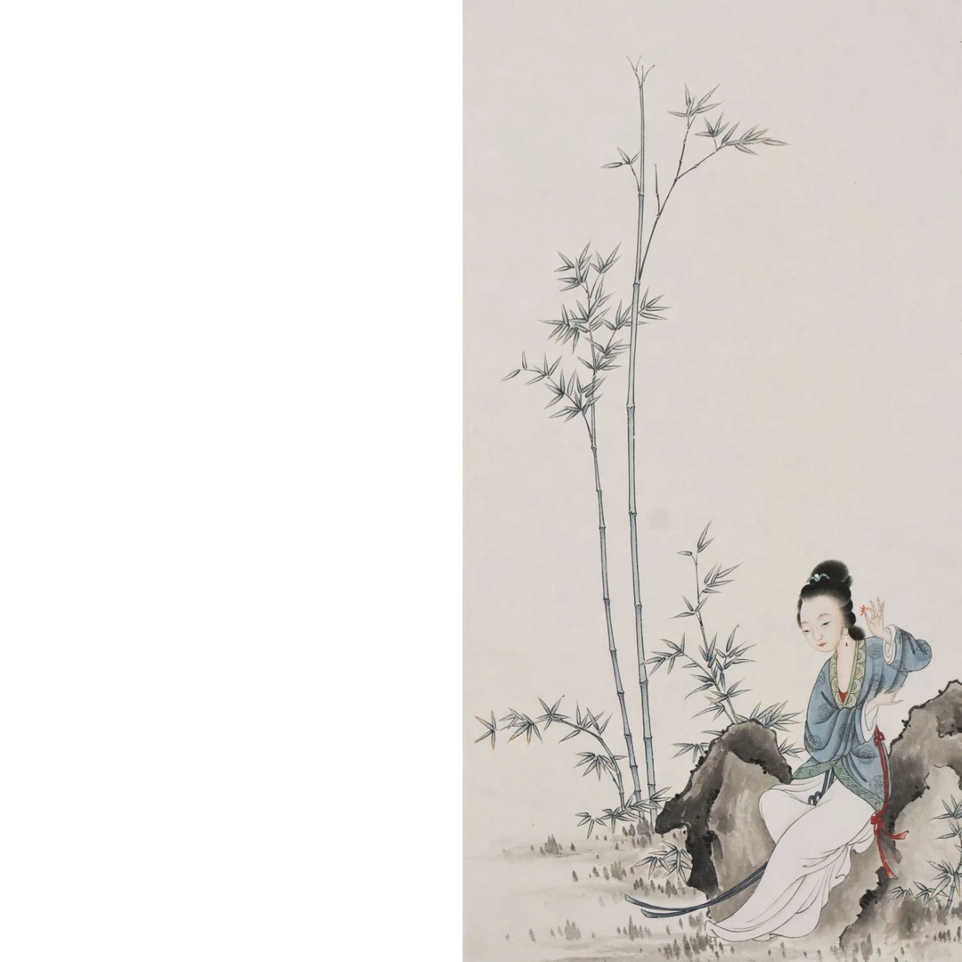 HM9075 师元 竹荫仕女 65×32cm 纸本镜片