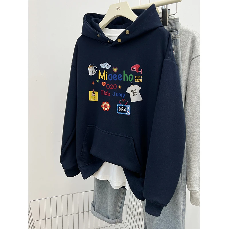 深蓝色连帽卫衣女秋冬季2025新款胖MM时尚大码创意印花套头上衣潮