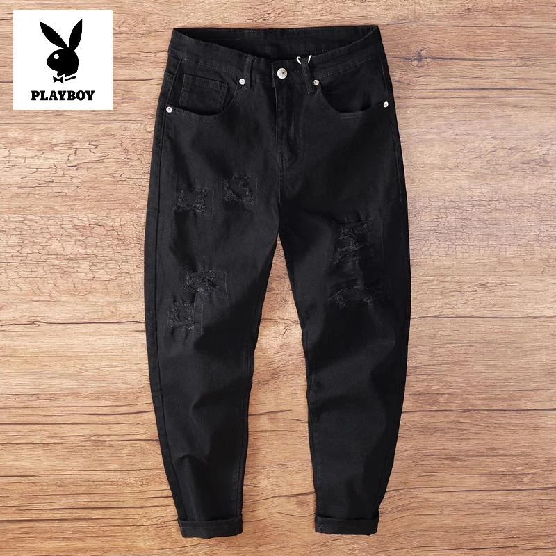 花花公子四季款潮牌男士白色牛仔裤破洞乞丐日系潮高能感