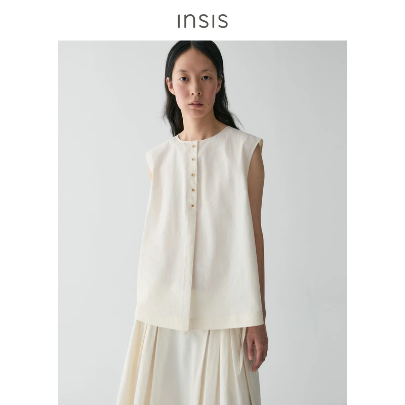 INSISFEMME【博主专属】麻棉半开襟A摆无袖上衣FN25221225