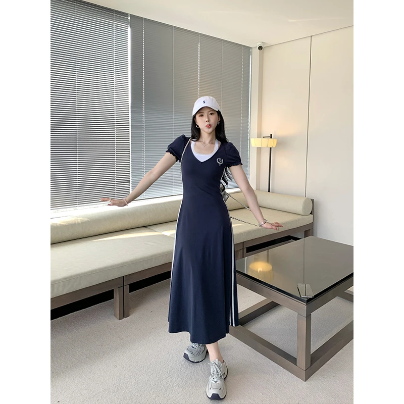 【美式高校】甜辣多多2025夏季新款（假两件）显瘦蕾丝拼接挂脖连衣裙