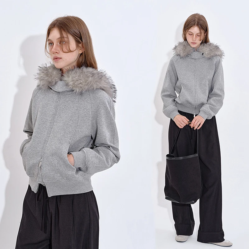 番茄妹妹Tomatosister保暖抓绒内里可拆卸毛领连帽分割线卫衣外套