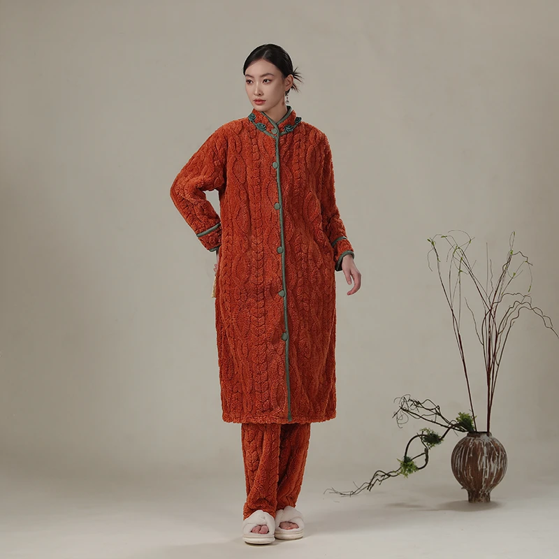 松子壳25年新款新中式秋冬提花绒睡衣女长款加绒加厚氛围感家居服