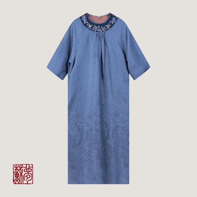 蘇夢【​蓝韵棠春】香云纱手绣提花圆领大袍中式百搭实穿0101379