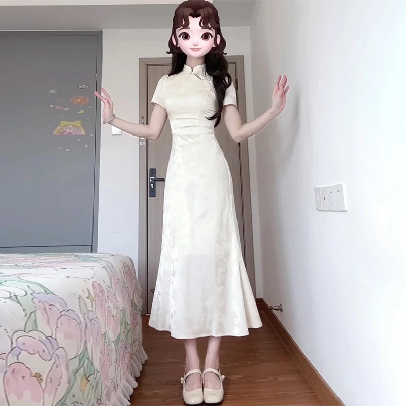 3432改良旗袍连衣裙子夏季新中式国风女装气质收腰绝美长裙新款