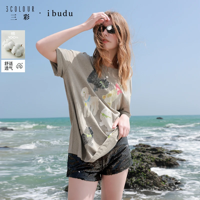 三彩ibudu2025夏季新款T恤趣味印花宽松落肩袖套头衫女
