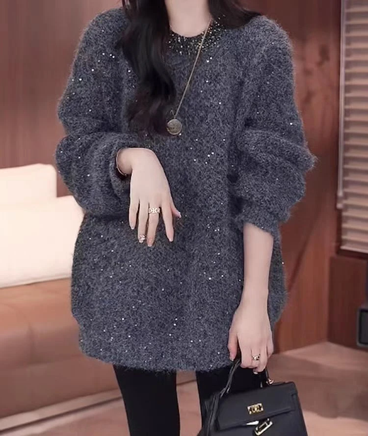 新款小众设计感领口亮片慵懒风百搭套头毛衣时尚秋冬新款针织衫