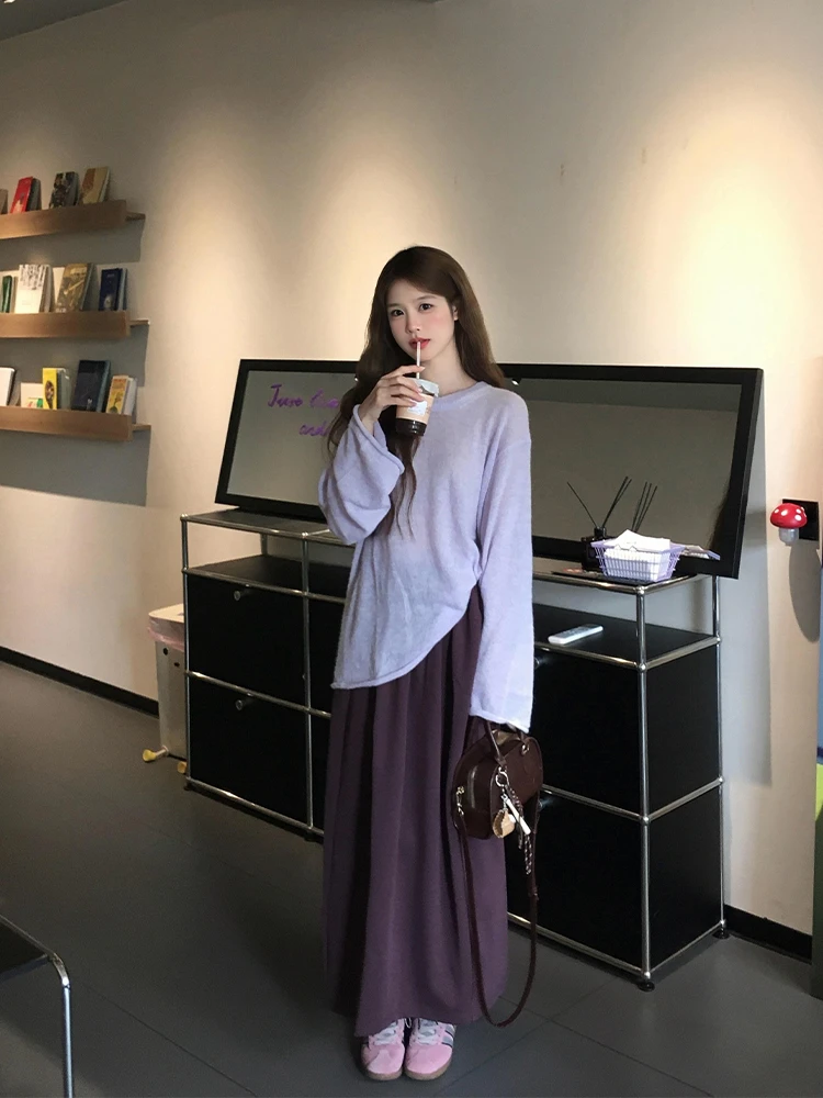 2025秋季新款温柔简约穿搭紫色针织衫上衣高腰显瘦半身裙两件套女