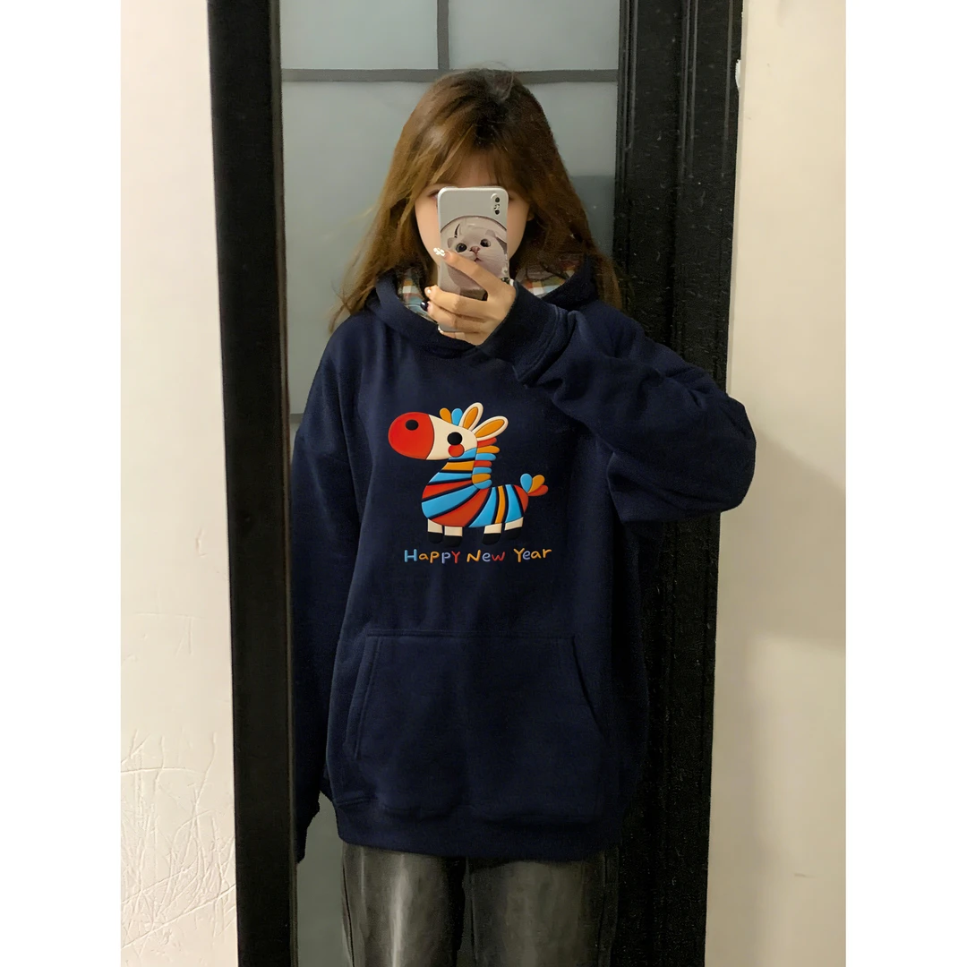 设计感格子纽扣连帽衫套头卫衣女秋冬季加绒加厚潮牌宽松大码上衣