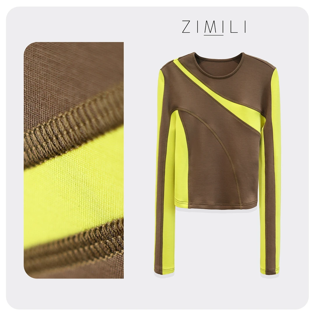 【子秋女装】春季高弹设计师咖色撞色圆领修身打底上衣5018