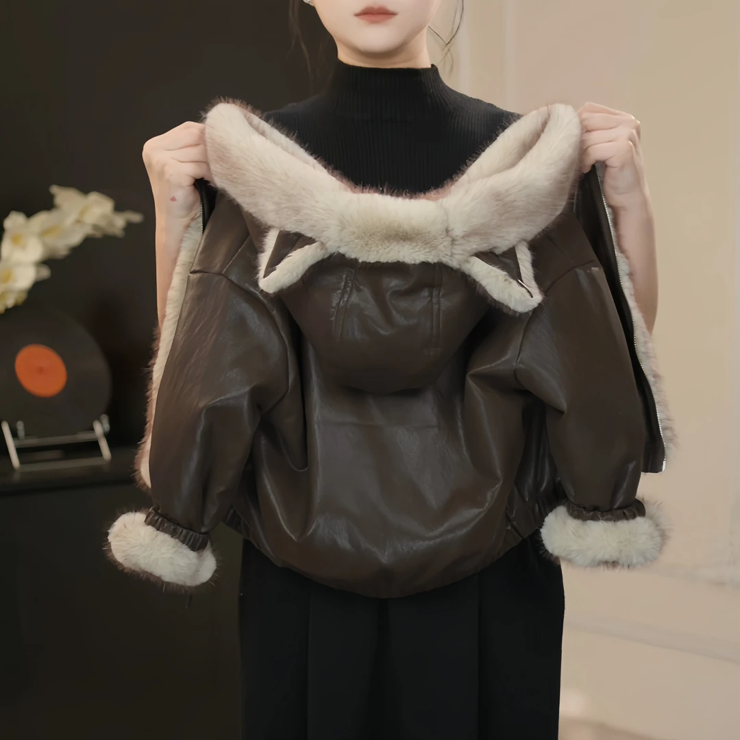 【鸭梨童品】冬季加厚毛毛立体耳朵百搭可爱男女童皮衣加绒保暖外套