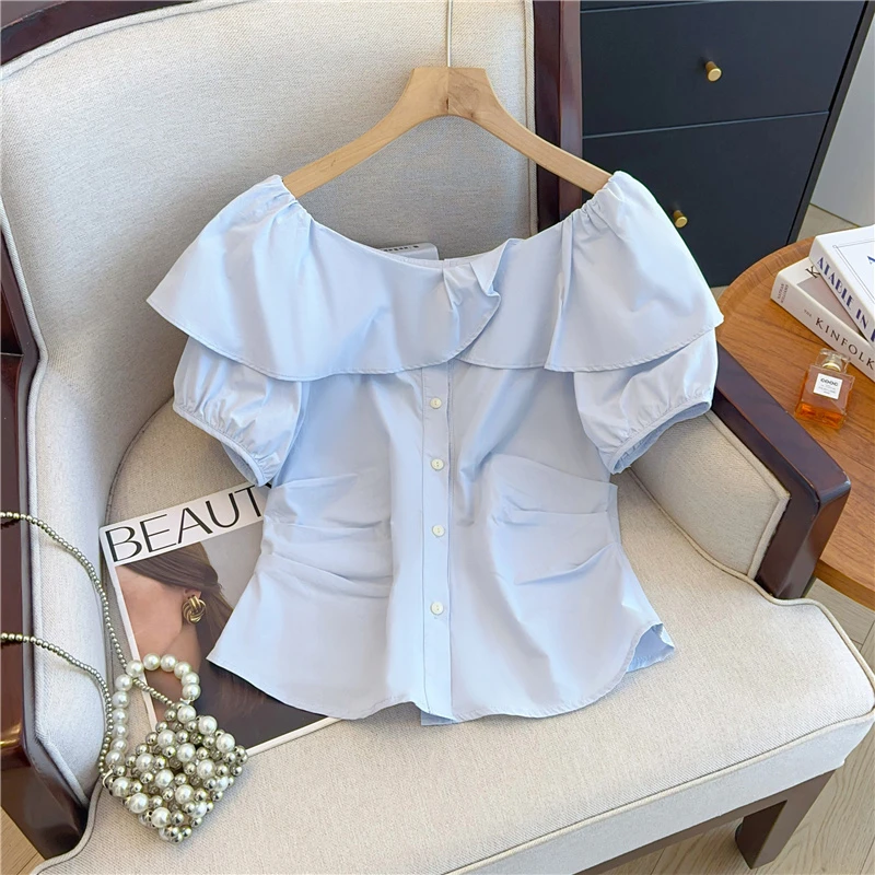 实拍～夏季新款法式一字肩荷叶边宽松显瘦褶皱短袖衬衫气质上衣