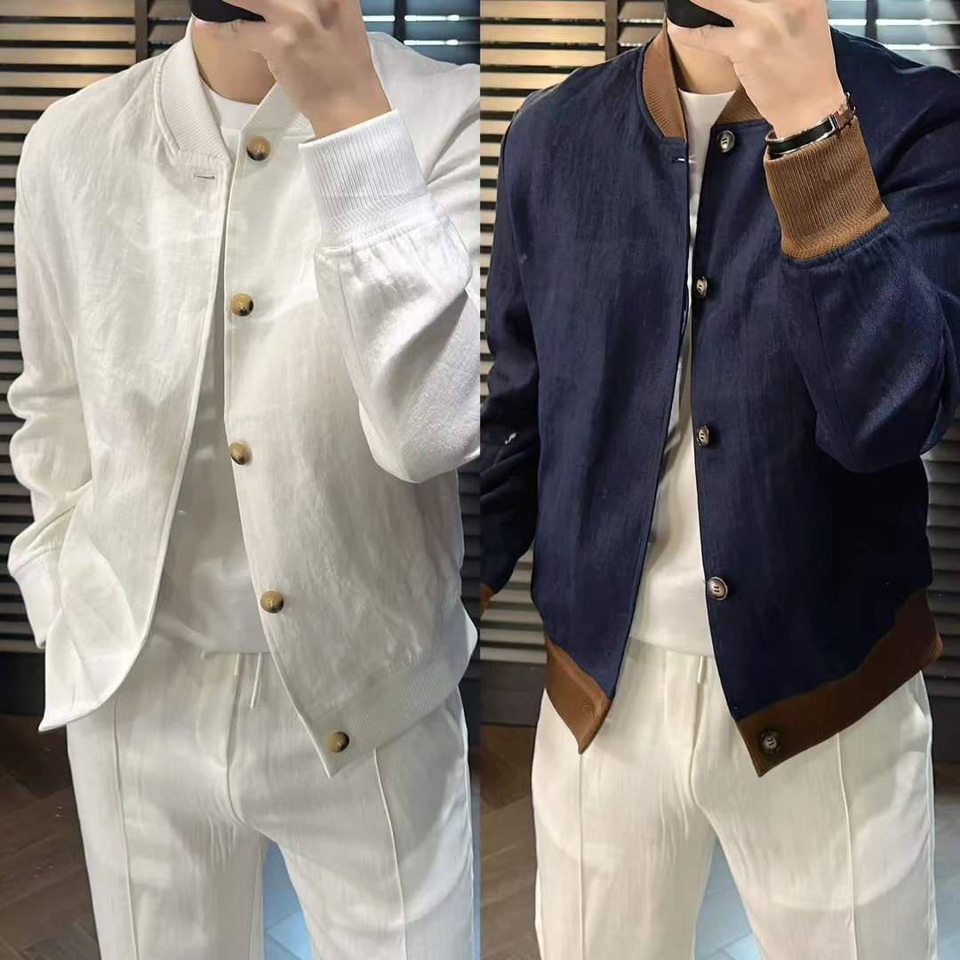 東•Dongzi 春季新品·撞色时尚100%亚麻棒球领休闲夹克10312