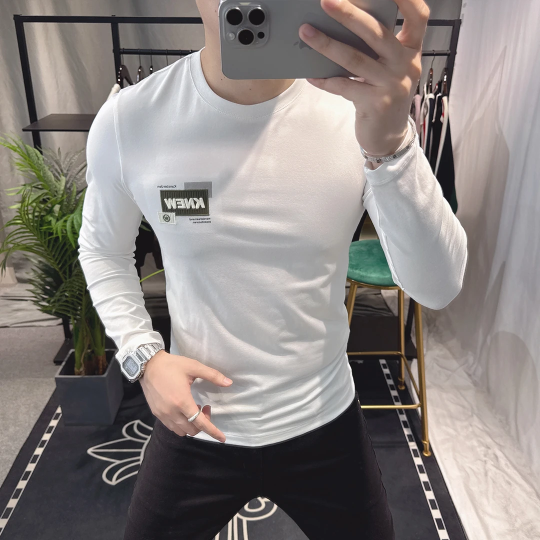 欧洲站春秋长袖t恤男薄款2025新款弹力修身打底衫男士丝光棉内搭