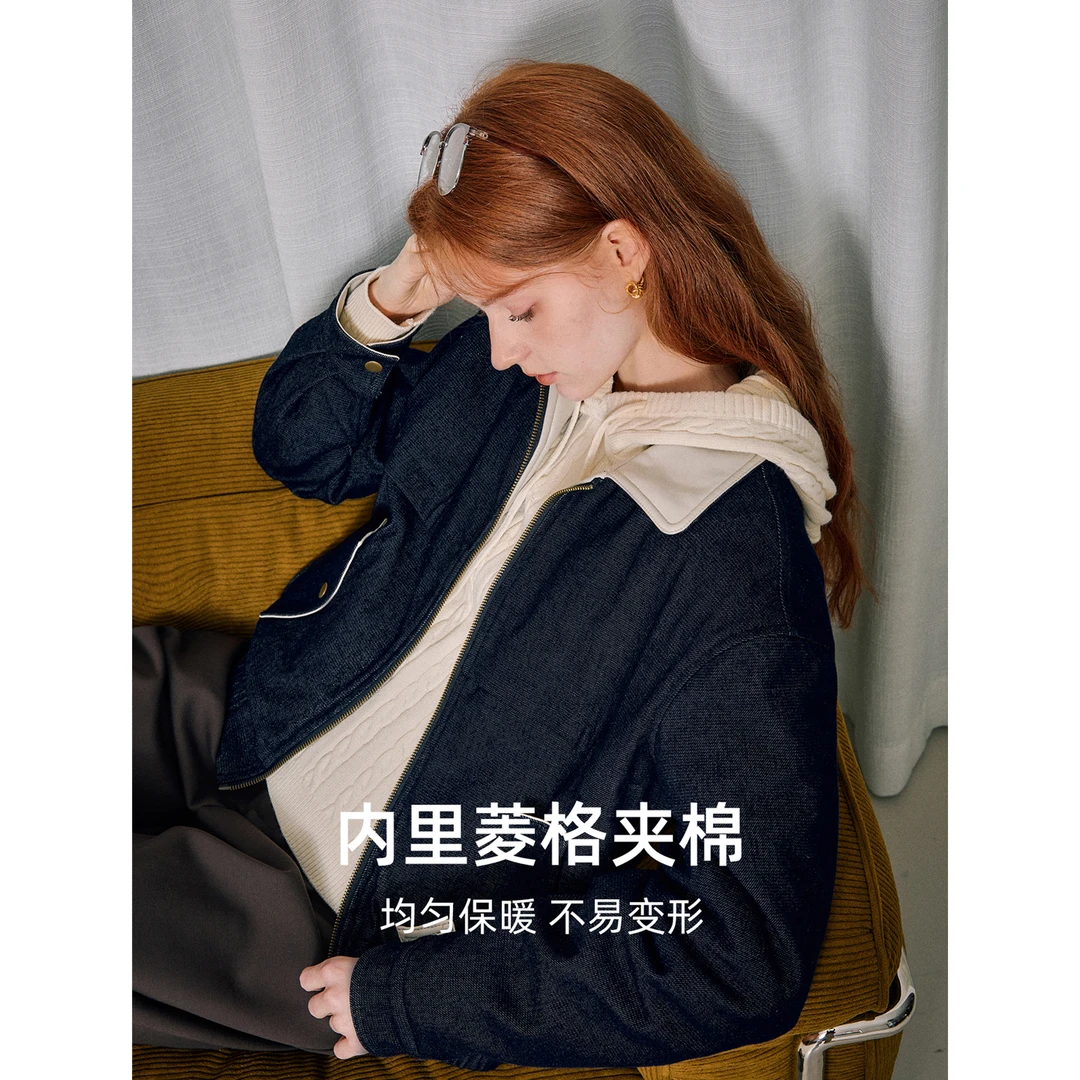 库恩玛维藏青色方领短款棉服女装2025年冬季新款智性穿搭棉衣外套