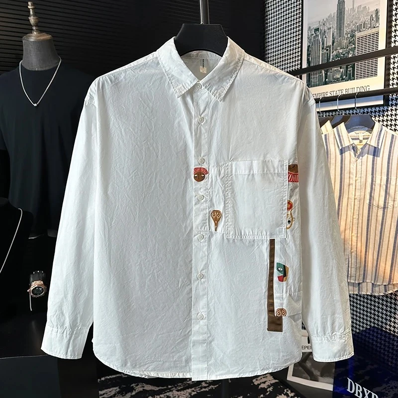 潮牌日系印花长袖衬衫男士早秋穿搭潮流清新宽松休闲印染上衣外套