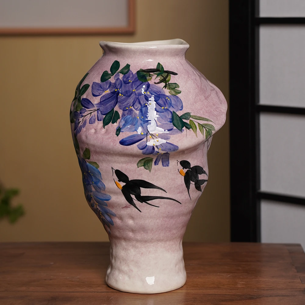 『115』3866-花瓶紫藤花鸟(口10cm×13cm，高30cm）