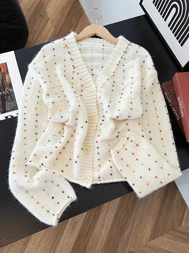 法式温柔休闲风V领彩色波点针织开衫2025年秋软糯高级毛衣外套女