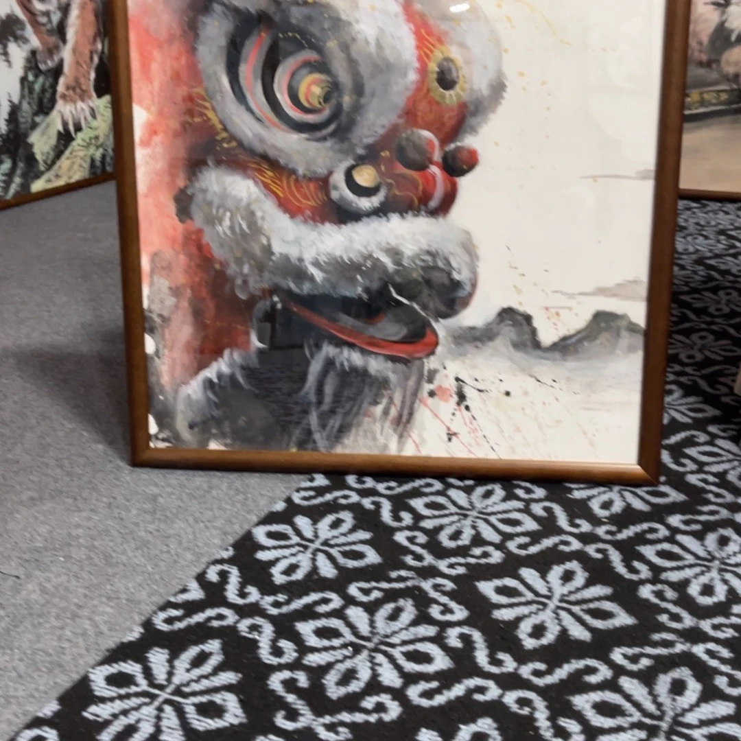 国画手绘丙烯画醒狮