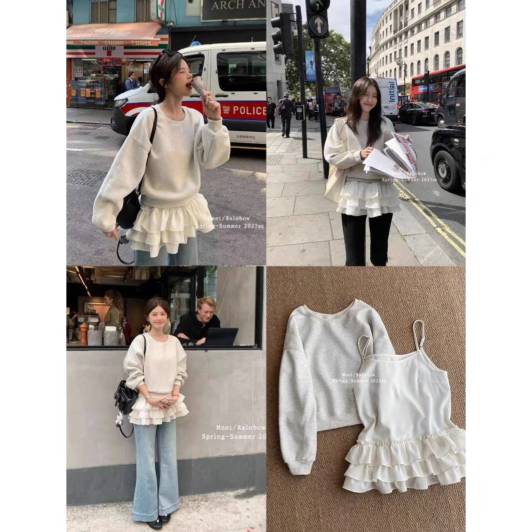 灰灰呀！80001 芭蕾风！裙摆卫衣+多层荷叶边吊带两件套套装