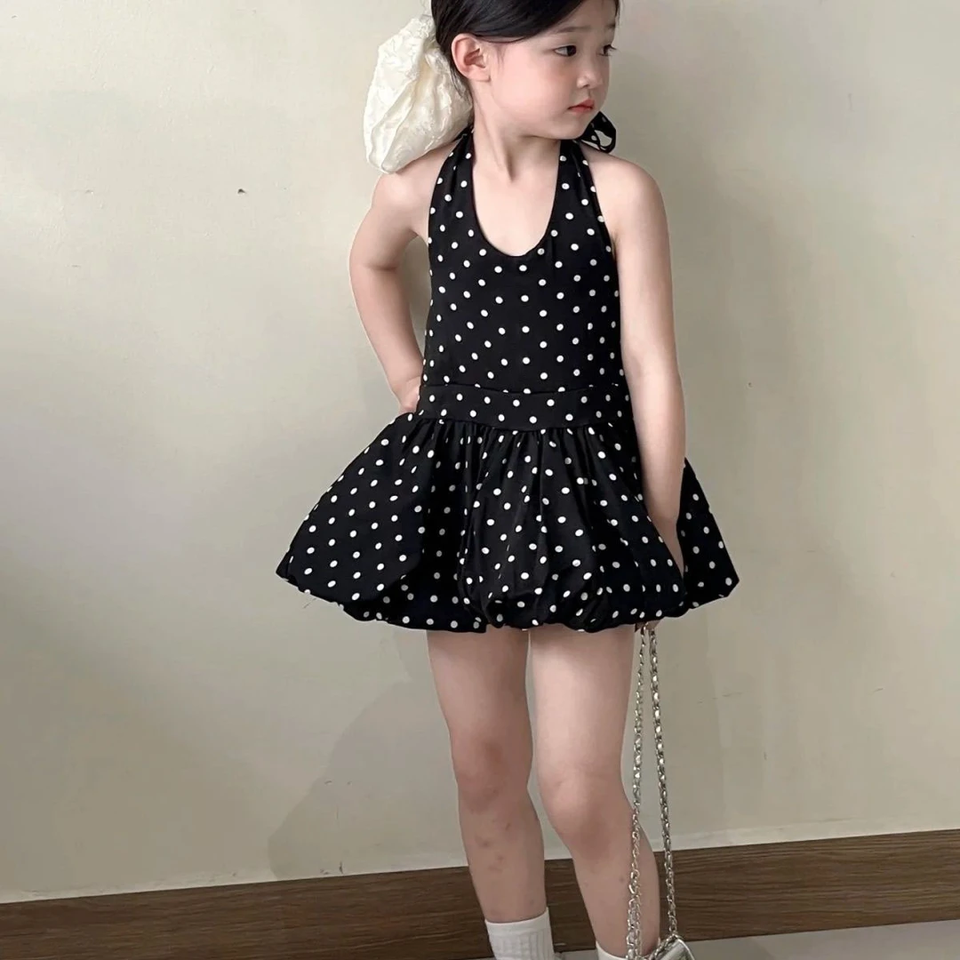 儿童节日服装女童花苞蓬蓬荷叶边波点吊带衫无袖挂脖背心女连衣裙