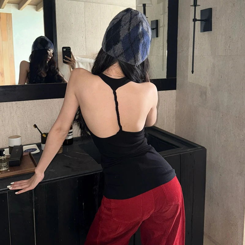 美式高街镂空露背扭结挂脖吊带背心女ins港味酷飒辣妹u领