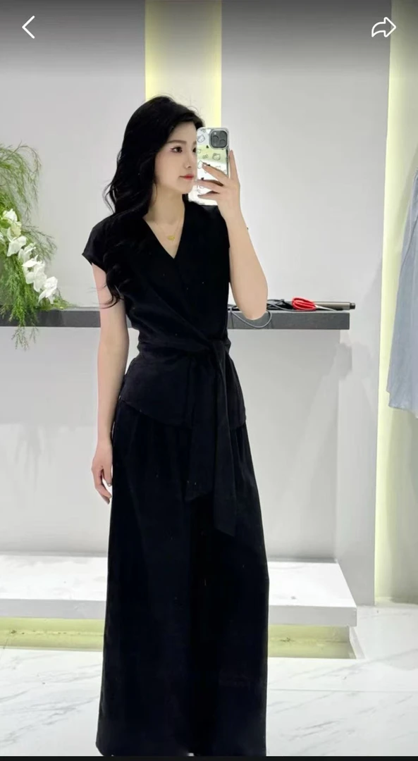 胖MM大码女装短款落肩袖优雅风薄款V领小衫加裤腿裤两件套