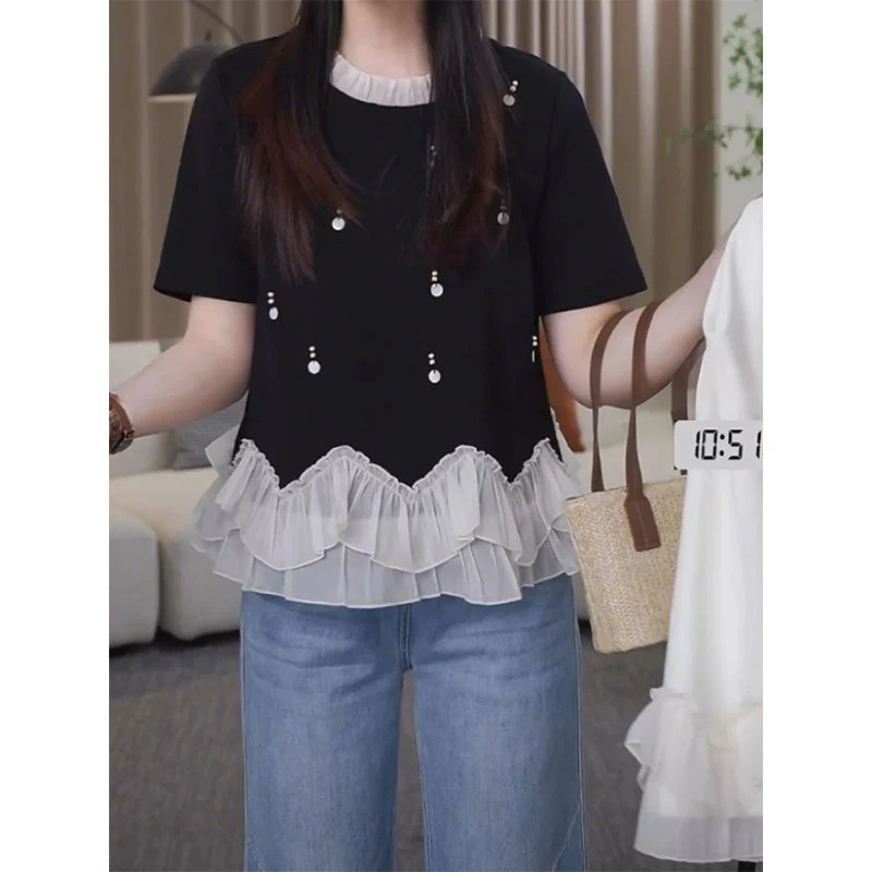 设计感小众蕾丝拼接短袖T恤女夏季新款圆领钉珠减龄显瘦上衣小衫