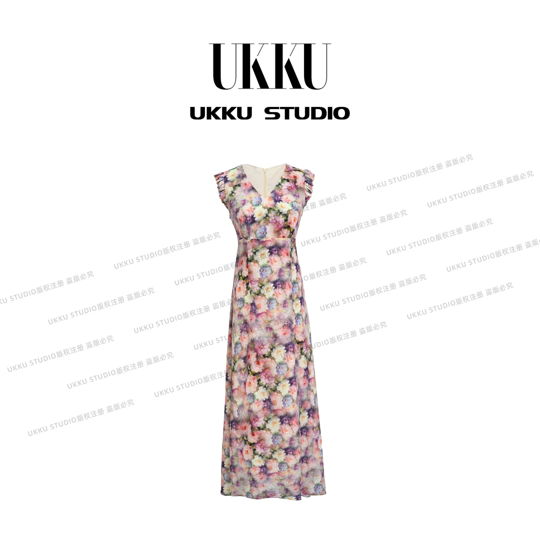 牛【UKKU STUDIO】【紫玫瑰】轻奢设计师收腰印花吊带连衣裙914352