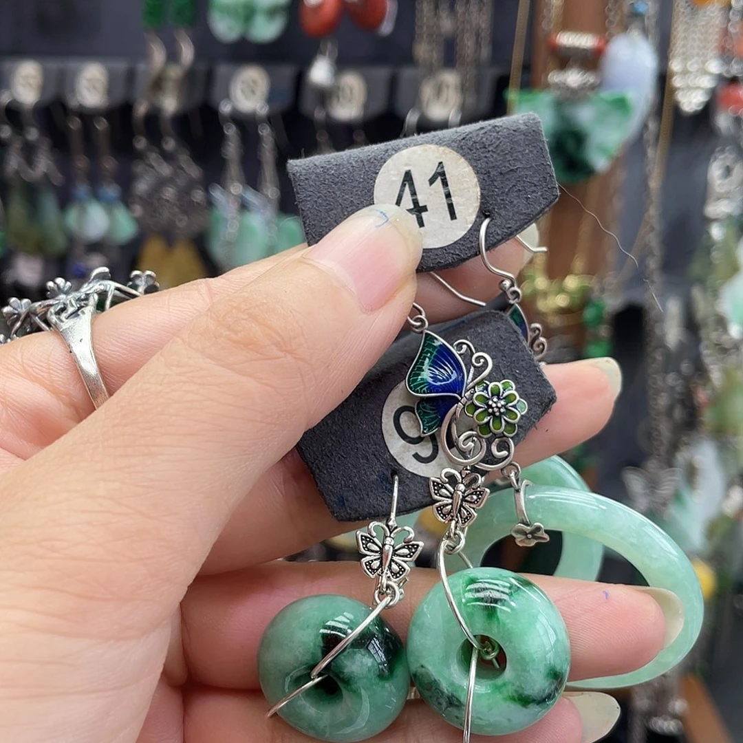 蝴***8翡翠银S925镶嵌耳饰570hjjh