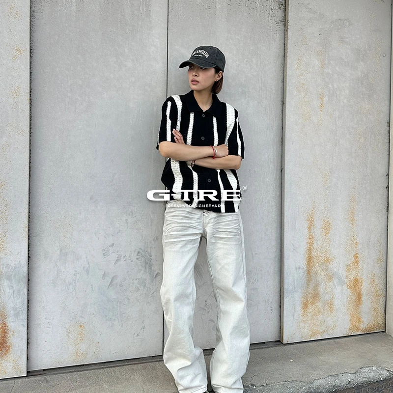 G-TRE 条纹拼接镂空针织开衫外套翻领男女同款