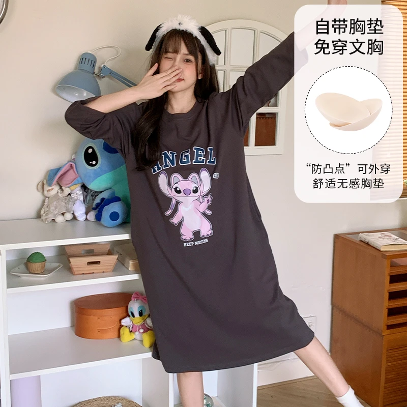 Disney/迪士尼袖秋季睡衣外穿胸垫韩版舒适卡通动漫中长裙0156